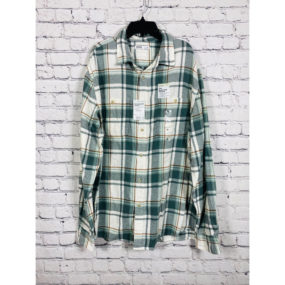 Sonoma Flannel Shirt Mens Plaid Supersoft Green XL NWT Long Sleeve Cotton